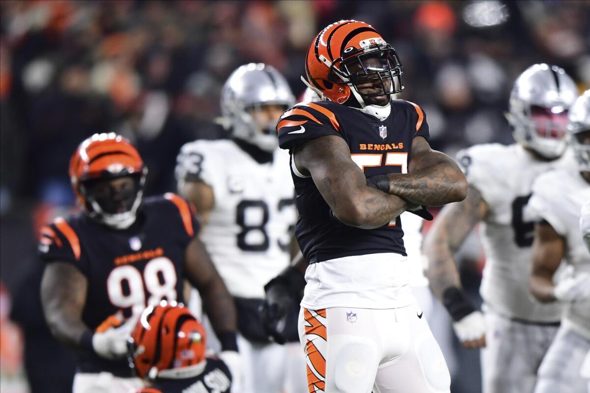 Cincinnati Bengals linebacker Germaine Pratt reacts after making a tackle.