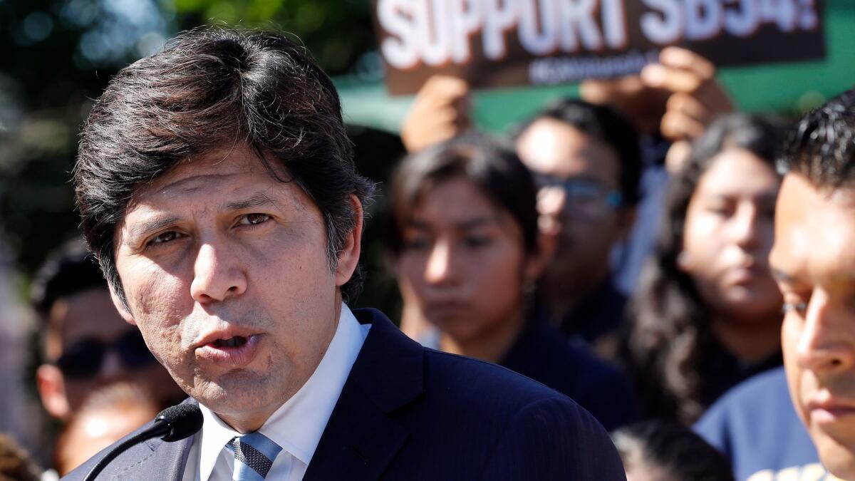 State Senate leader Kevin de León (D-Los Angeles) speaks at news conference at Academia Avance Charter School in Highland Park on Oct. 5.