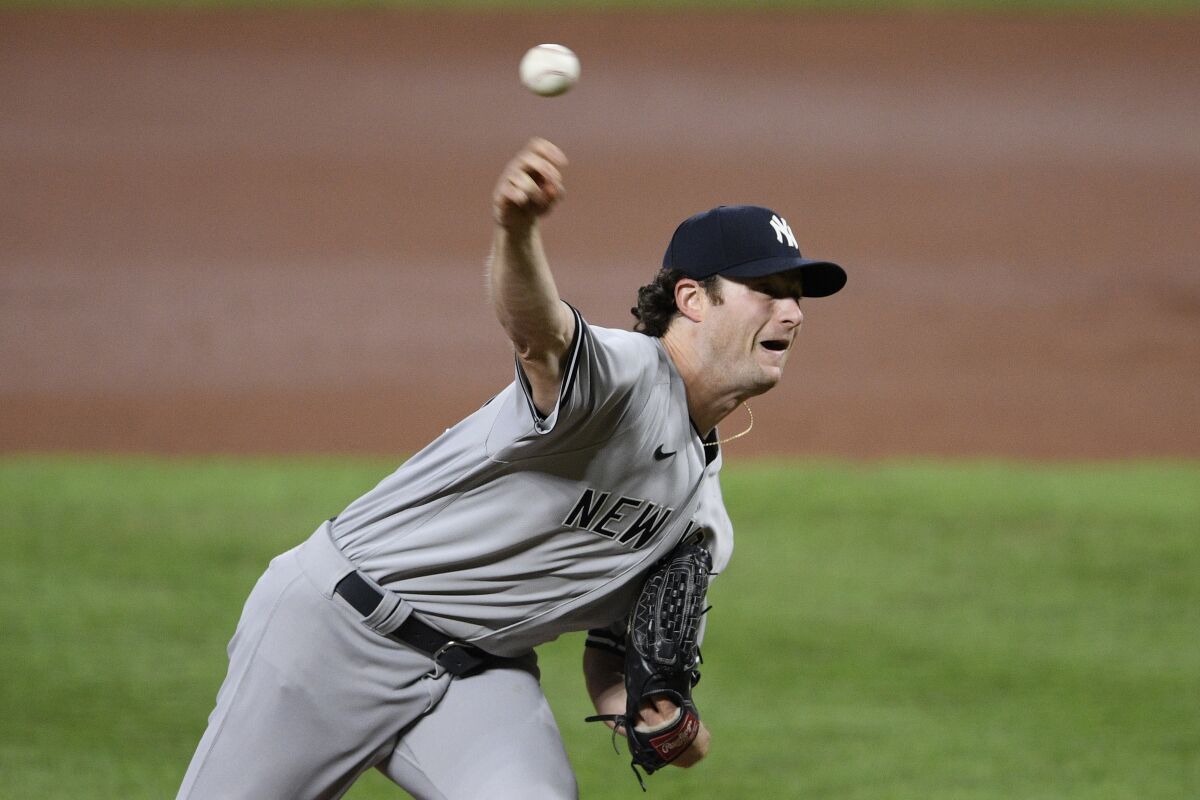 New York Yankees starting pitcher Gerrit Cole throws during the second inning of the team's baseball game against the Baltimore Orioles, Saturday, Sept. 5, 2020, in Baltimore. (AP Photo/Nick Wass)