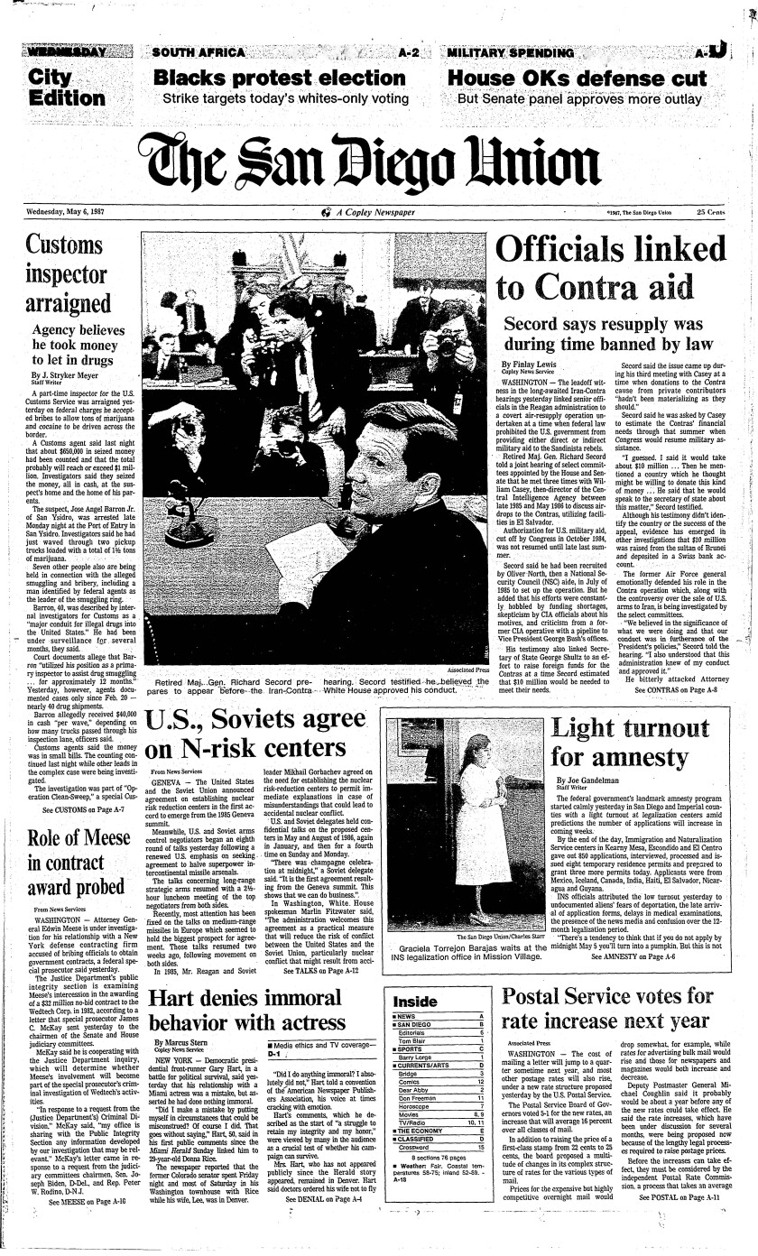 A-1 front page of The San Diego Union, Wednesday, May 6, 1987.