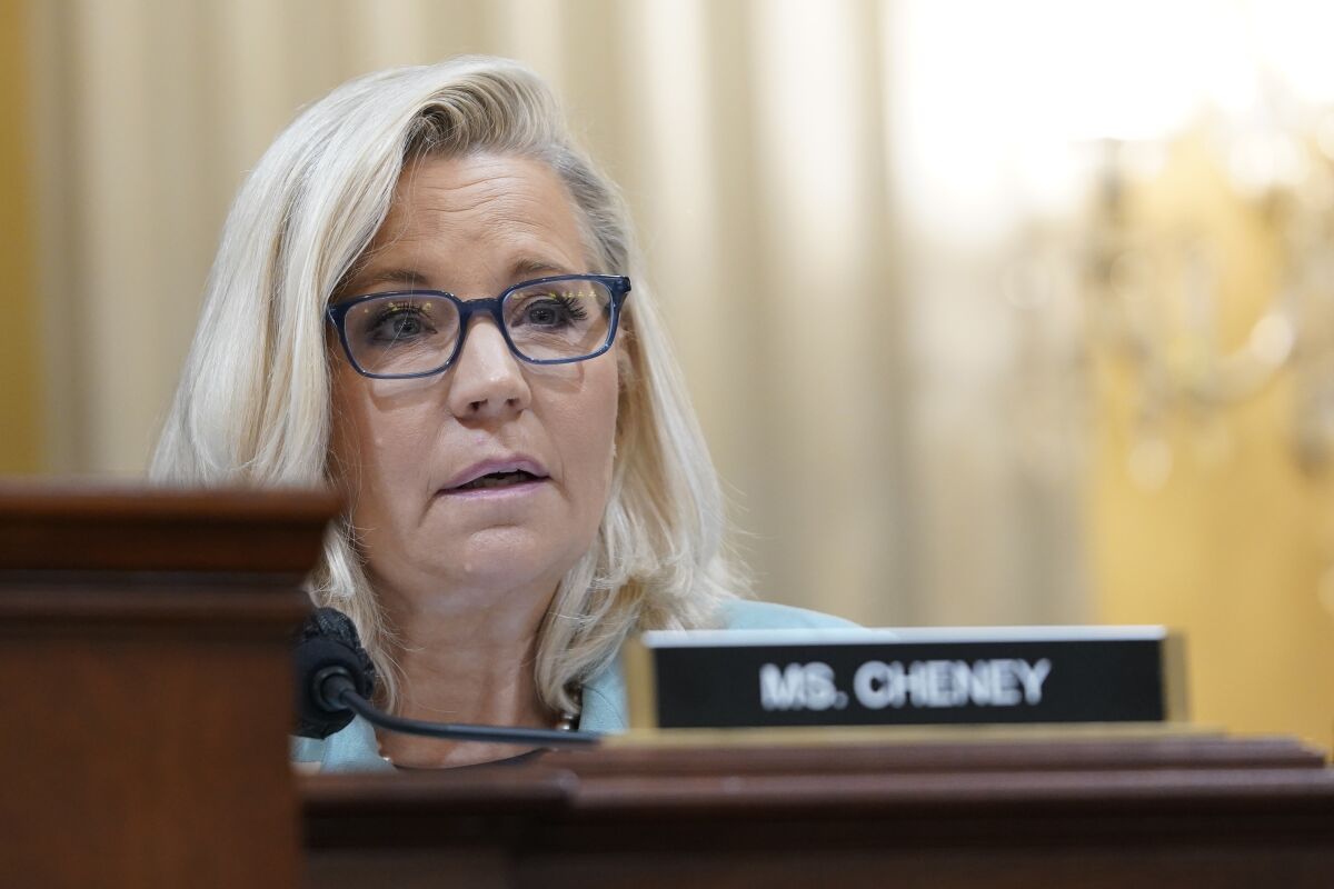 Liz Cheney speaking with her nameplate in the foreground