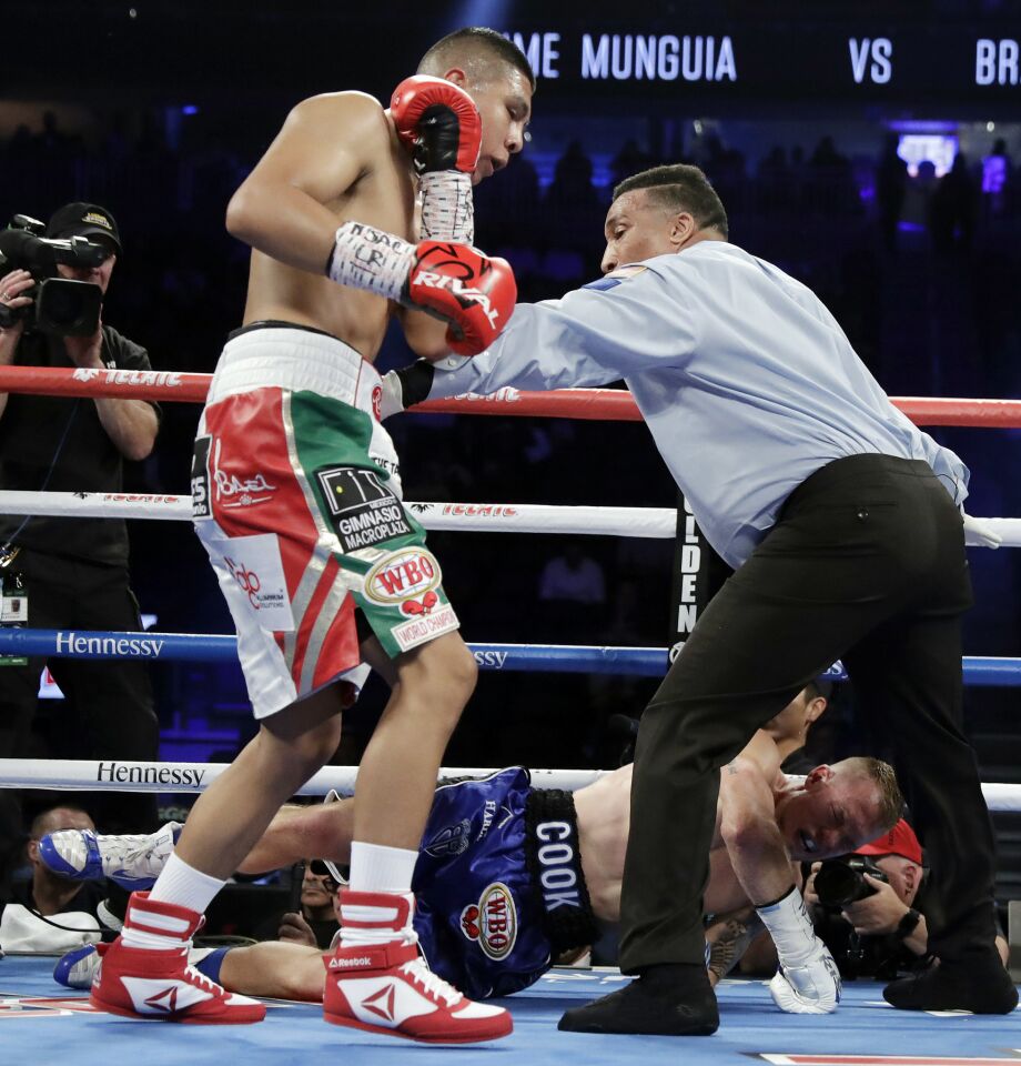 Referee Tony Weeks steps between Jaime Munguia, left, and Brandon Cook as Cook falls to the mat during their WBO junior middleweight championship boxing match, Saturday, Sept. 15, 2018, in Las Vegas. Munguia won by TKO.