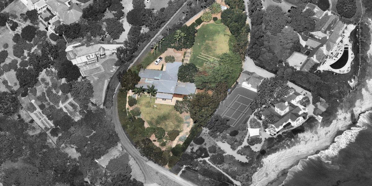 An aerial view shows the estate on a 1.25-acre bluff in Malibu's Point Dume area.