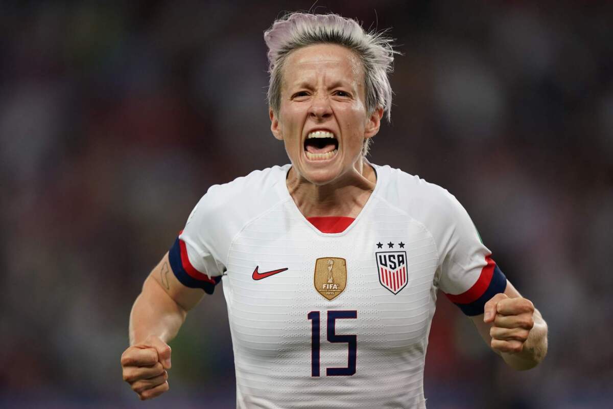 United States' forward Megan Rapinoe celebrates after scoring a goal during the France 2019 Women's World Cup quarter-final football match between France and USA, on June 28, 2019, at the Parc des Princes stadium in Paris.