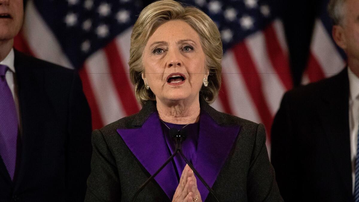 Hillary Clinton addresses supporters in New York on Wednesday, conceding the presidential election to Donald Trump.
