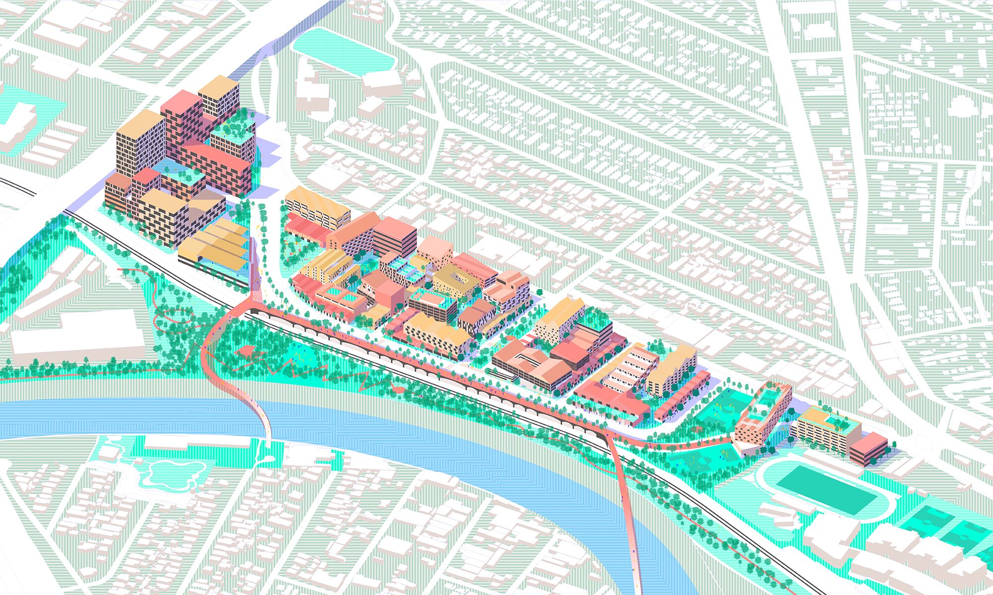 A rendering shows an urbanism study for the San Fernando Road area by Bestor Architecture.