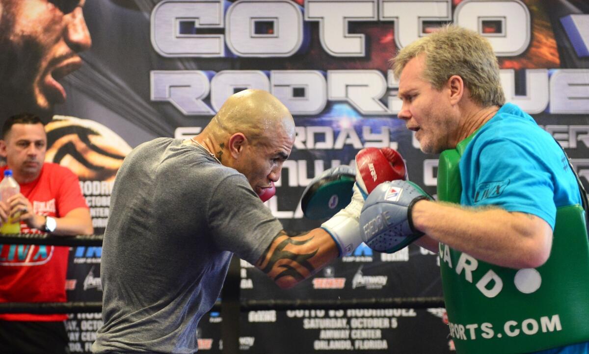 Former three-division world champion Miguel Cotto (L) of Puerto Rico trains during a one and only Los Angeles media workout with Hall of Fame trainer Freddie Roach (R) in Hollywood on September 18, 2013. Cotto is in the final weeks of training for his 12-round super welterweight fight with Top-10 contender and two-time world title challenger Delvin Rodriguez of the Dominican Republic on October 5 in Orlando, Florida.