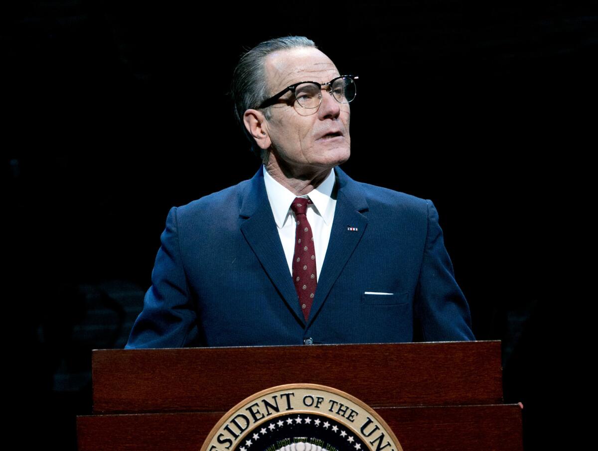 Bryan Cranston portraying President Lyndon B. Johnson during a performance of "All the Way."