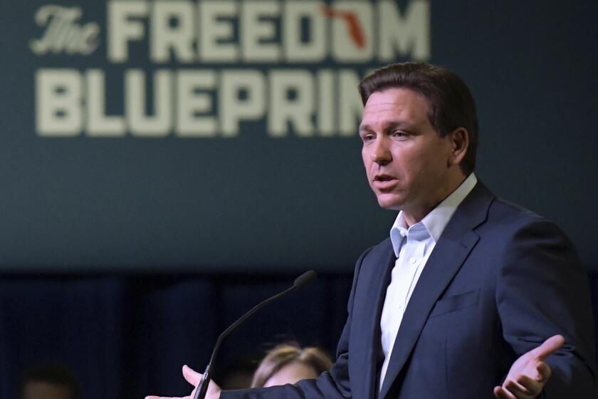 Florida Gov. Ron DeSantis speaks at an event Friday, March 10, 2023, in Davenport, Iowa. (AP Photo/Ron Johnson)