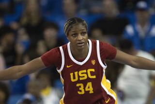 Southern California center Clarice Akunwafo (34) during an NCAA basketball game against UCLA on Saturday, Dec. 30, 2023, in Los Angeles. (AP Photo/Kyusung Gong)