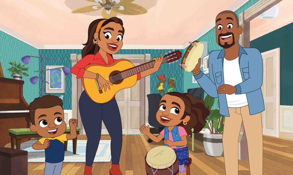 This image released by PBS Kids shows a scene from "Alma's Way," featuring Alma Rivera, second from right, a Puerto Rican girl who lives in the Bronx borough of New York City with her parents and younger brother, Junior, right. The series, created by Sonia Manzano, who played Maria on "Sesame Street" from 1971-2015, premieres Oct. 4. (PBS Kids via AP)
