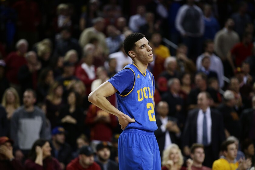 UCLA guard Lonzo Ball stands with a look of frustration during a loss against USC at the Galen Center on Jan. 25.