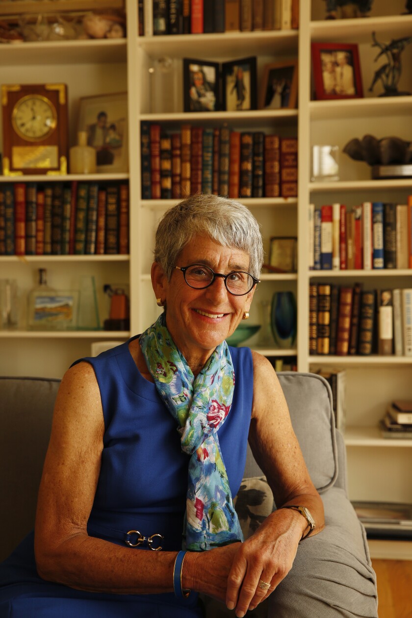 Former state Sen. Hannah-Beth Jackson sits in a chair in her Santa Barbara home.