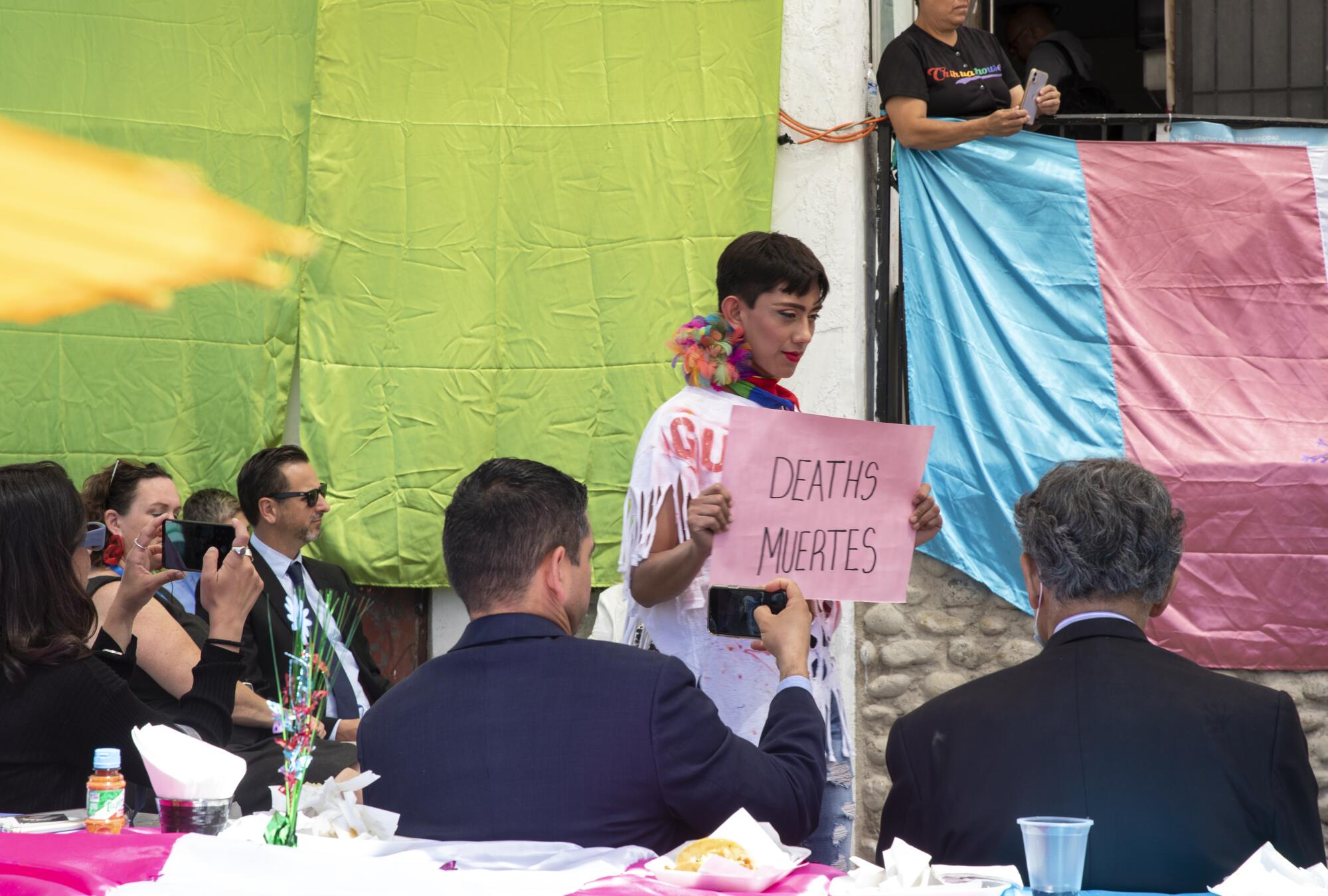 Ceidy Zethare, 22, participates in a play put on to educate a delegation of congress members