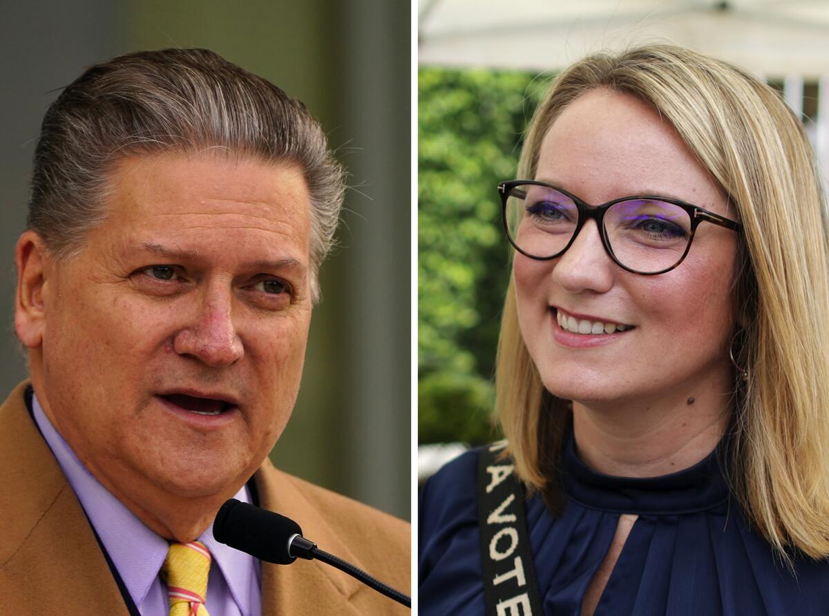 Side by side photos of a man in a suit with dark, graying hair and a blond woman in glasses. 