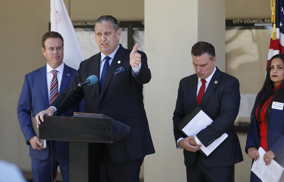 Huntington Beach City Councilman Tony Strickland shown speaking at a press conference last year.