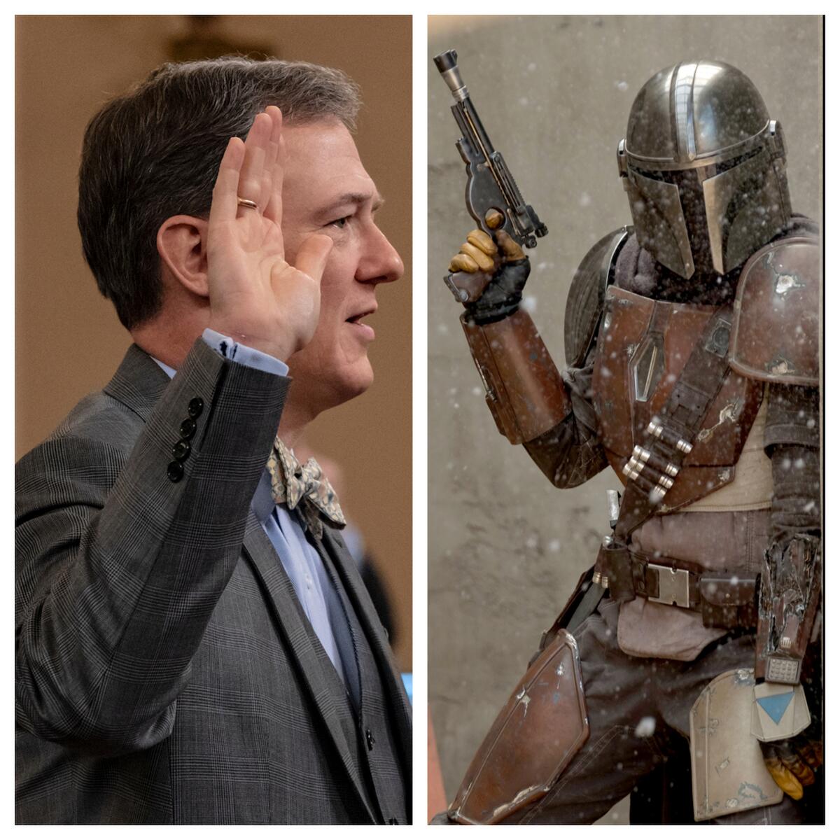 George Kent, left, is sworn in to testify during impeachment hearings in Washington. Disney+ offers an alternative with its Mandalorian series.
