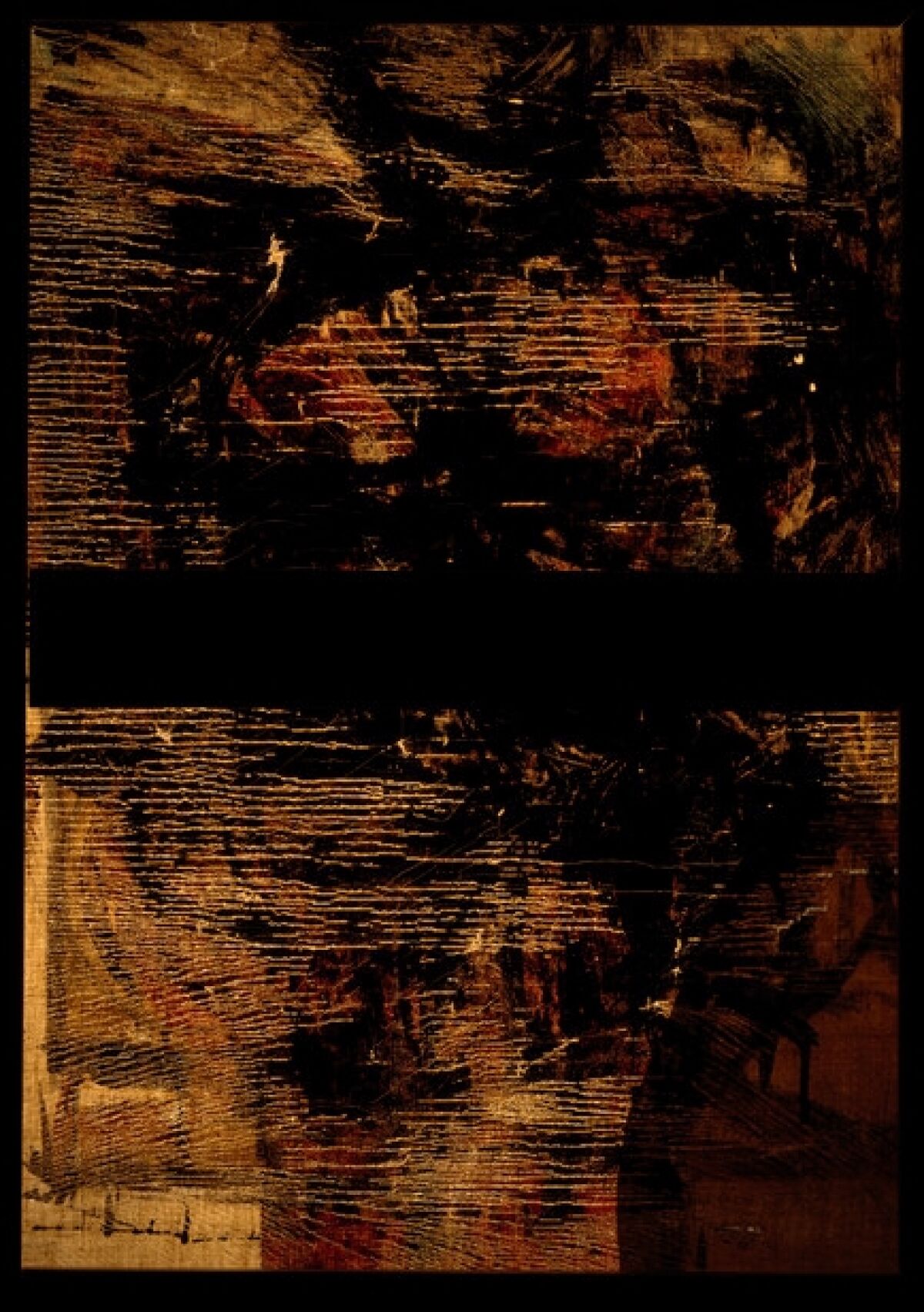 A painting lighted from behind, showing paint losses and hairline cracks