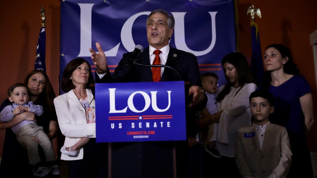 U.S. Rep. Lou Barletta of Pennsylvania, Republican primary candidate for Senate, talks to supporters during an election night party May 15.