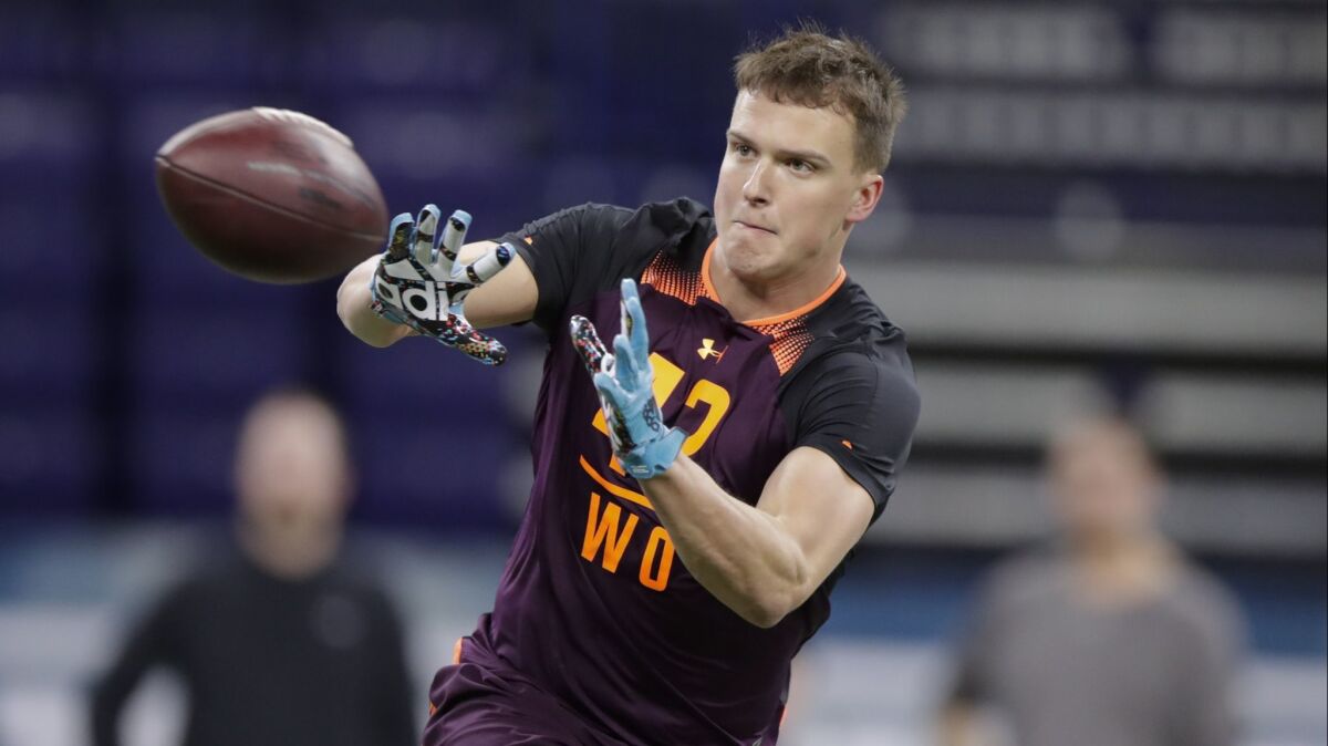 West Virginia wide receiver David Sills runs a drill at the NFL football scouting combine in Indianapolis on March 2, 2019.