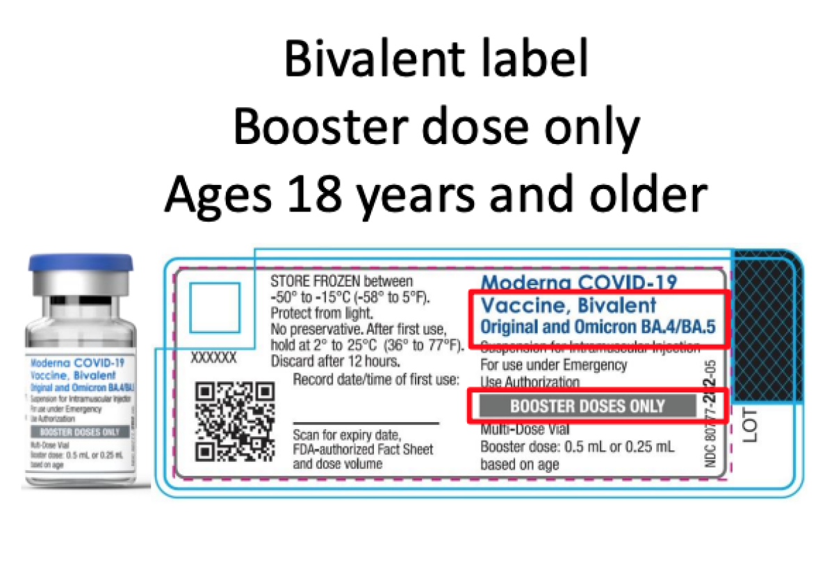 Updated Moderna booster has the phrase "Bivalent" and "Omicron BA.4/BA.5" label