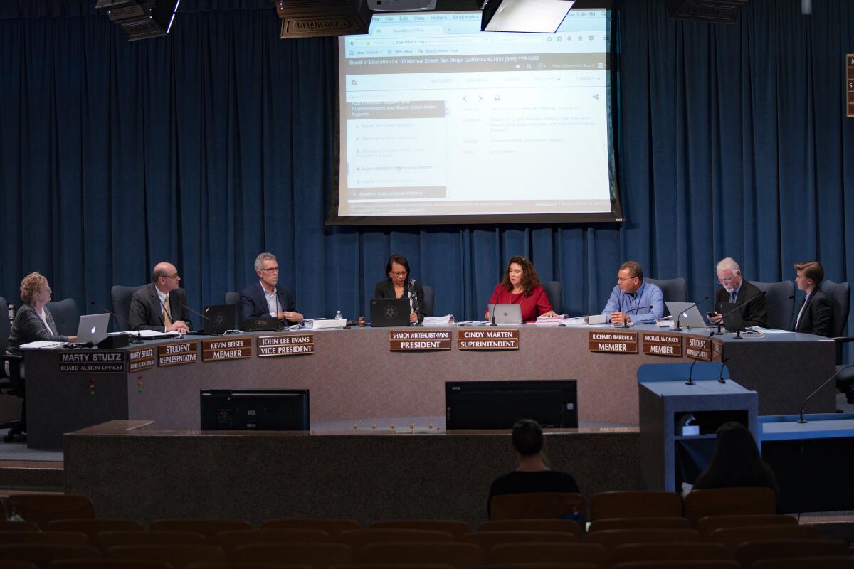The San Diego Unified School Board at a meeting in April 2019.