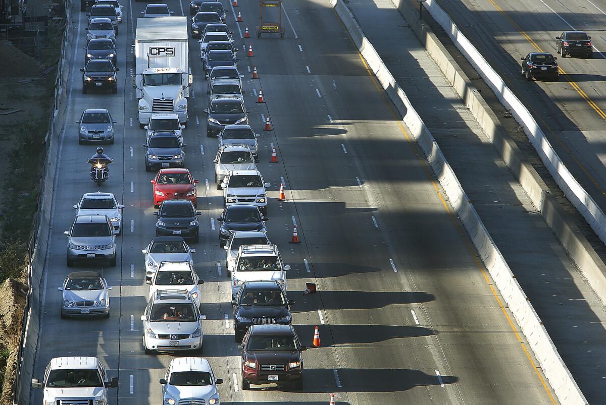 Rush-hour traffic Monday morning during "Jamzilla" on the northbound 405 Freeway.