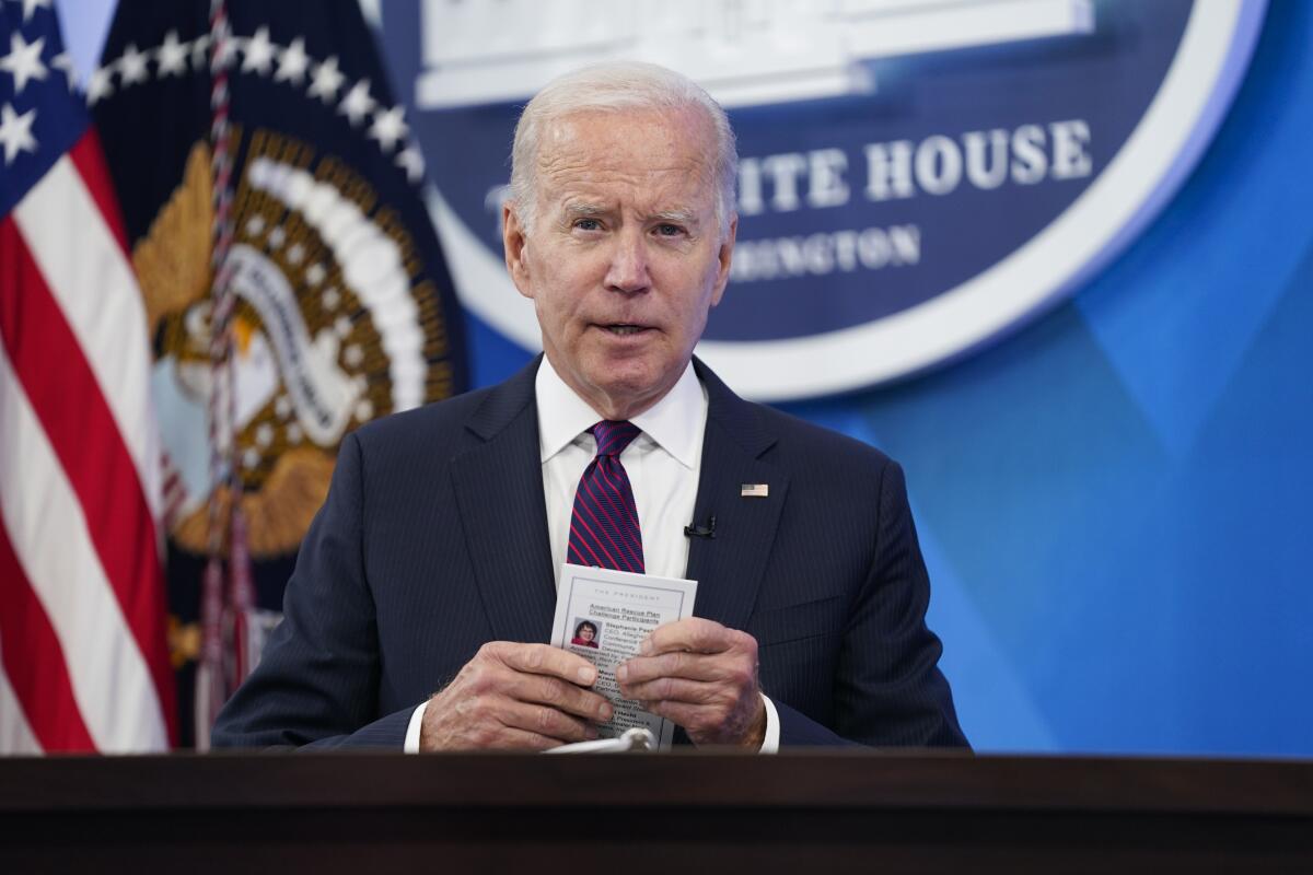 President Joe Biden speaks about the American Rescue Plan during an event in the South Court Auditorium on the White House campus, Friday, Sept. 2, 2022, in Washington. (AP Photo/Evan Vucci)
