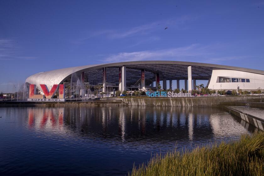 SoFi Stadium shown decorated for Super Bowl LVI.