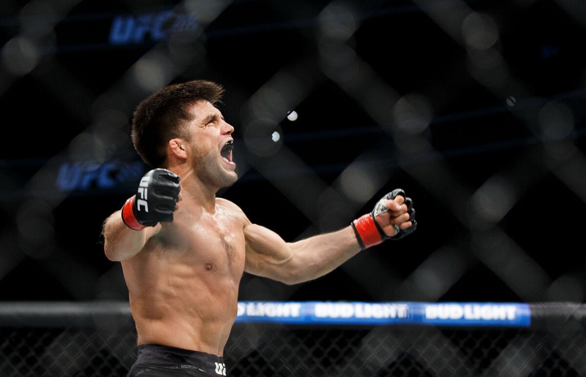 Henry Cejudo celebrates his victory over Wilson Reis during UFC 215 at Rogers Place on Sept. 9, 2017 in Edmonton, Canada.