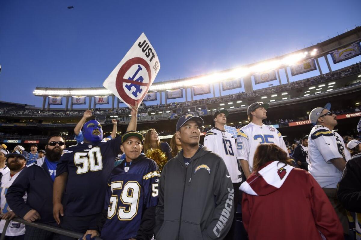 Chargers fans look on during the team's final home game of the 2015 season, which could end up being their final game in San Diego should the team opt to move to Los Angeles.