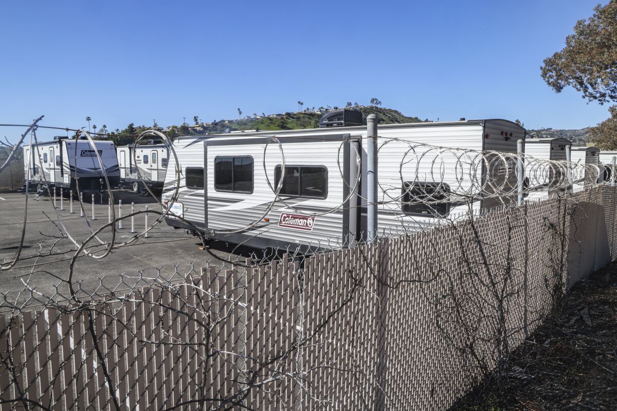 Trailers at the Rose Canyon Safe Parking site on Friday, Jan. 27, 2023 in San Diego.
