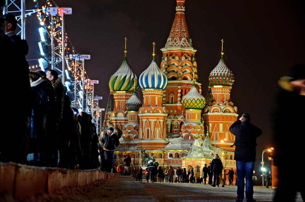 St. Basil's Cathedral, known for its colorful turrets and domes, dominates Red Square and dates to the 16th century. Photo taken in January 2013.