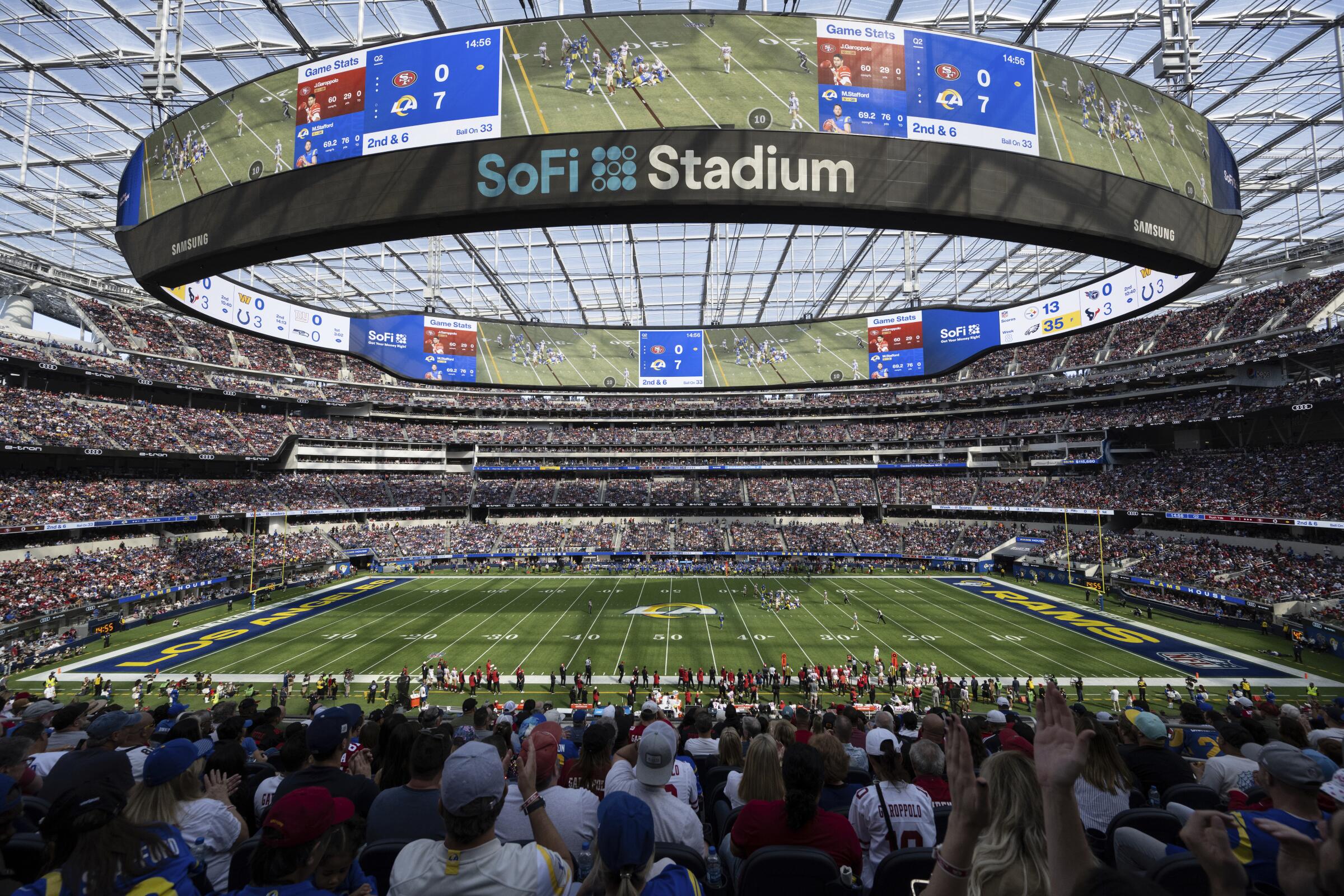 A general overall view of SoFi Stadium during an NFL football game between the Los Angeles Rams.