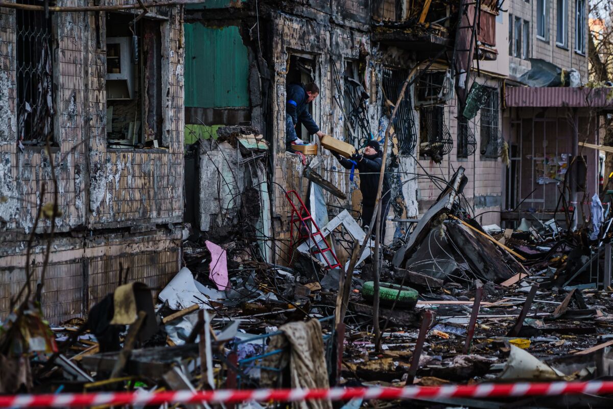 Debris from Russian bombardment cluttering a street