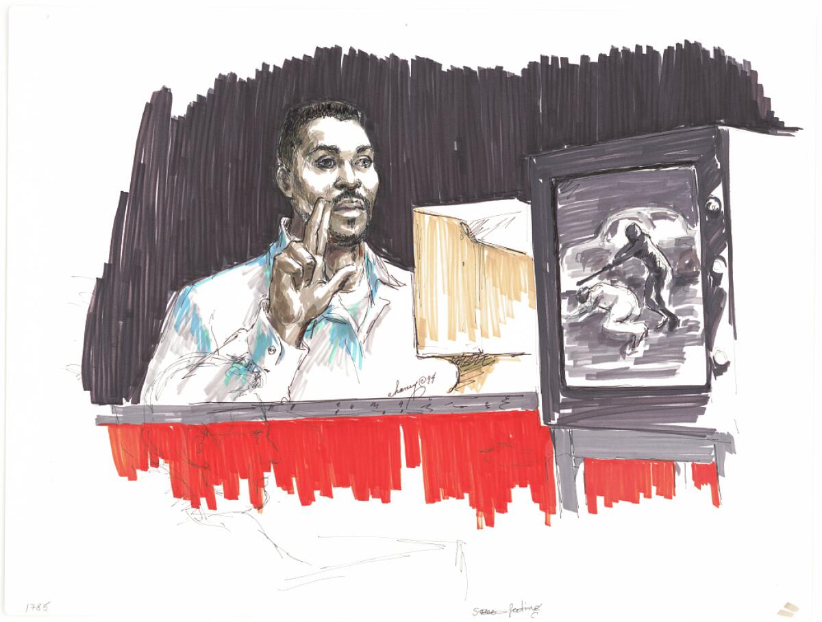 A courtroom drawing depicting Rodney King