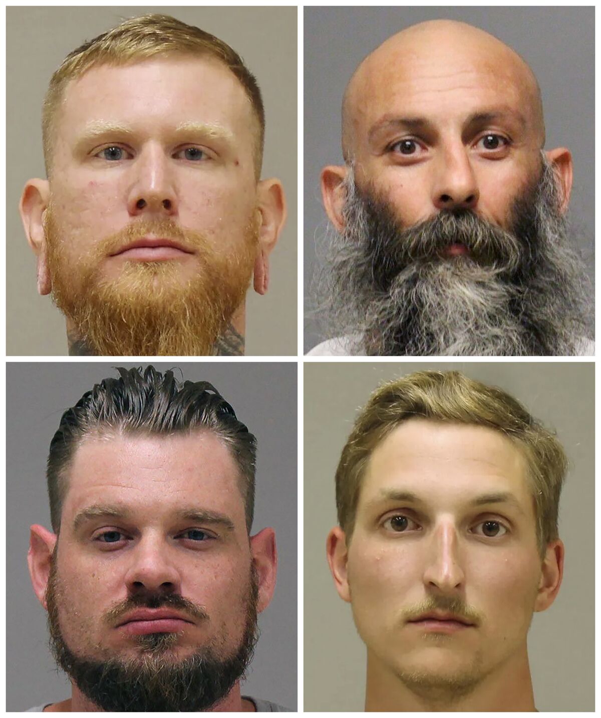 FILE - This combination of photos provided by the Kent County Sheriff and the Delaware Department of Justice shows, top row from left, Brandon Caserta and Barry Croft; and bottom row from left, Adam Dean Fox and Daniel Harris. The four members of anti-government groups are facing trial in March 2022 on federal charges accusing them in a plot to abduct Michigan's Democratic Gov. Gretchen Whitmer in 2020. Jury selection begins Tuesday, March 8, 2022, in a trial the presiding judge at the U.S. District Court courthouse in Grand Rapids, Mich., said could take over a month. (Kent County Sheriff, Delaware Department of Justice via AP File)