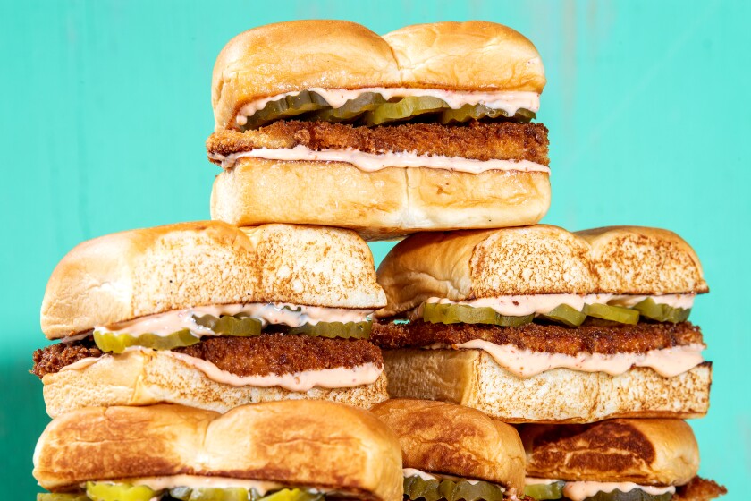 A crunchy, spicy, pickle-y fried chicken sandwich. Prop styling by Rebecca Buenik.