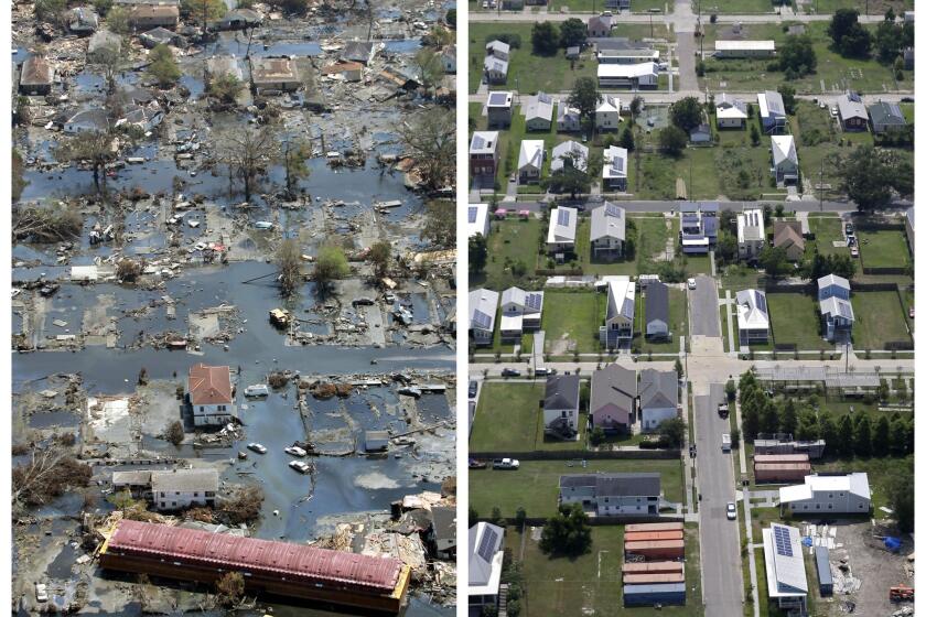 This combination of Sept. 11, 2005 and July 29, 2015 aerial photos show the Lower Ninth Ward of New Orleans flooded by Hurricane Katrina and the same area a decade later.