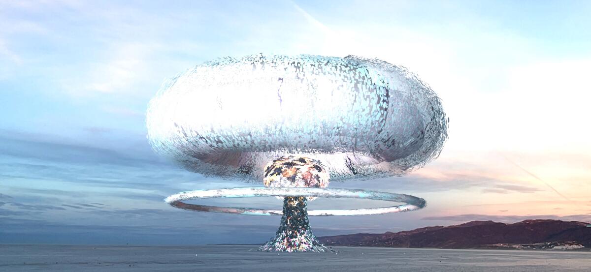 A rendering of a digital mushroom cloud exploding over the Pacific Ocean. 