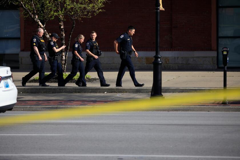 LOUISVILLE, KY - APRIL 10: Law enforcement officers respond to an active shooter near the Old National Bank building on April 10, 2023 in Louisville, Kentucky. According to initial reports, there are multiple casualties but the shooter is no longer a threat. (Photo by Luke Sharrett/Getty Images)