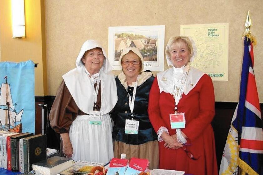 From left to right, Orange County Mayflower Colony members Dotty Wilson, Erica Hahn, Marcia Maloney at the Southern California Genealogical Society conference in Burbank four years ago.