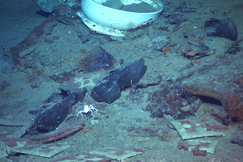 This 2004 image provided by the University of Rhode Island's Institute for Exploration and Center for Archaeological Oceanography and the National Oceanic and Atmospheric Administration's Office of Ocean Exploration shows the shoes of one of the possible victims of the Titanic disaster. A company’s plan to retrieve the Titanic’s radio has sparked a debate over whether the famous shipwreck still holds human remains. (Institute for Exploration and Center for Archaeological Oceanography/University of Rhode Island/NOAA Office of Ocean Exploration via AP)