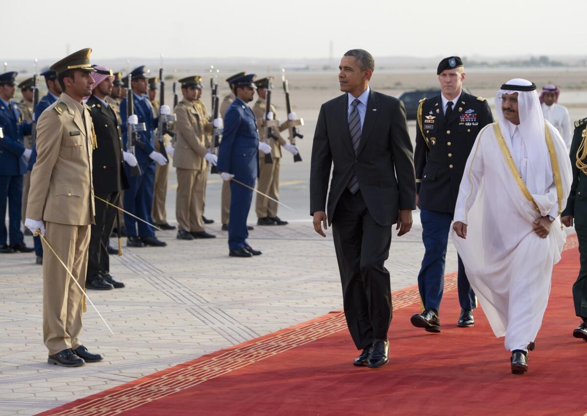 President Obama is welcomed by Prince Khaled bin Bandar bin Abdulaziz, emir of Riyadh, right, upon the president's arrival in the Saudi capital last month for a meeting with King Abdullah.