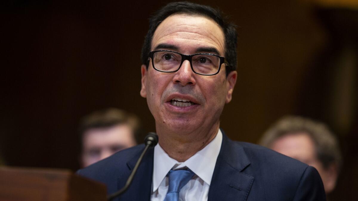 Treasury Secretary Steven T. Mnuchin testifies at a hearing Wednesday in Washington.