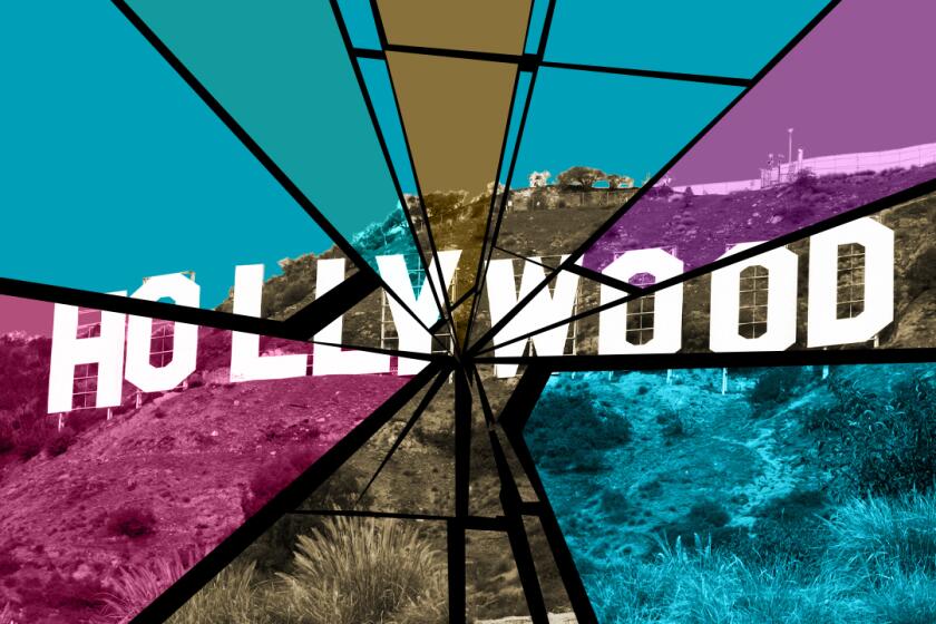 The Hollywood sign overlaid with different colored fragments