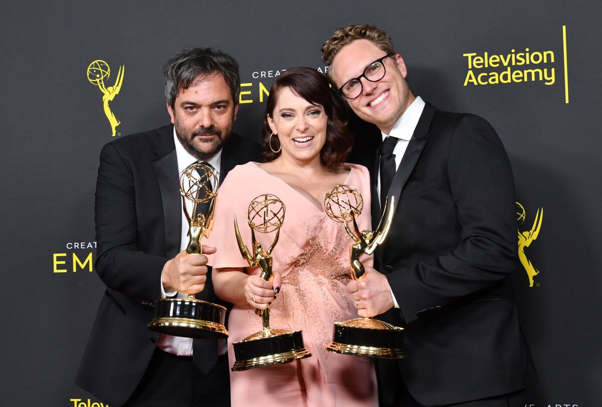 Adam Schlesinger, Rachel Bloom and Jack Dolgen, after their win at the 2019 Creative Arts Emmy Awards.