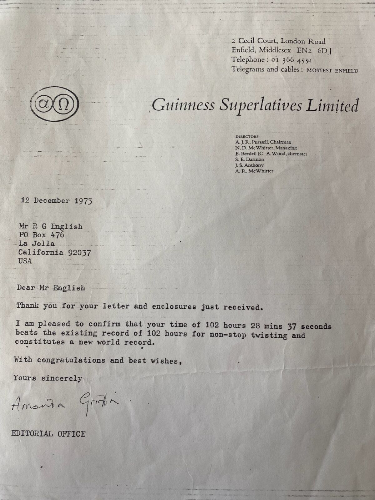 Roger Guy English's letter from Guinness for his Twisting feats. 