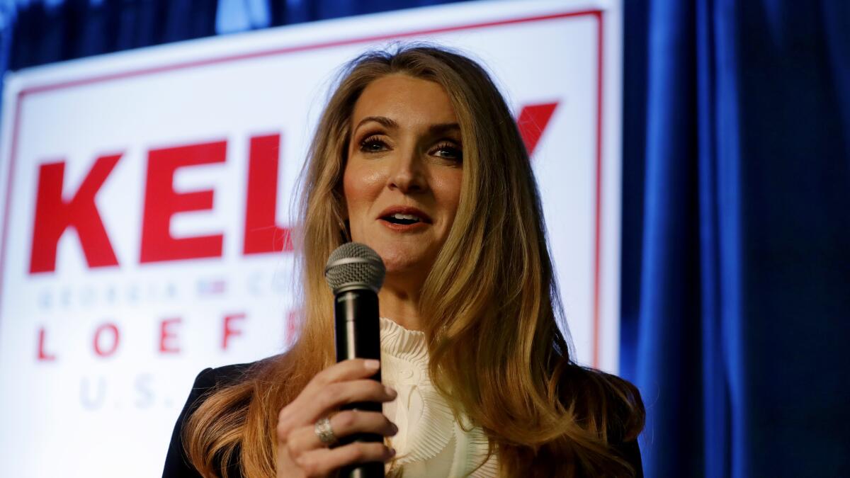 Sen. Kelly Loeffler (R-Ga.) speaks during a re-election campaign rally March 9 in Marietta, Ga. 