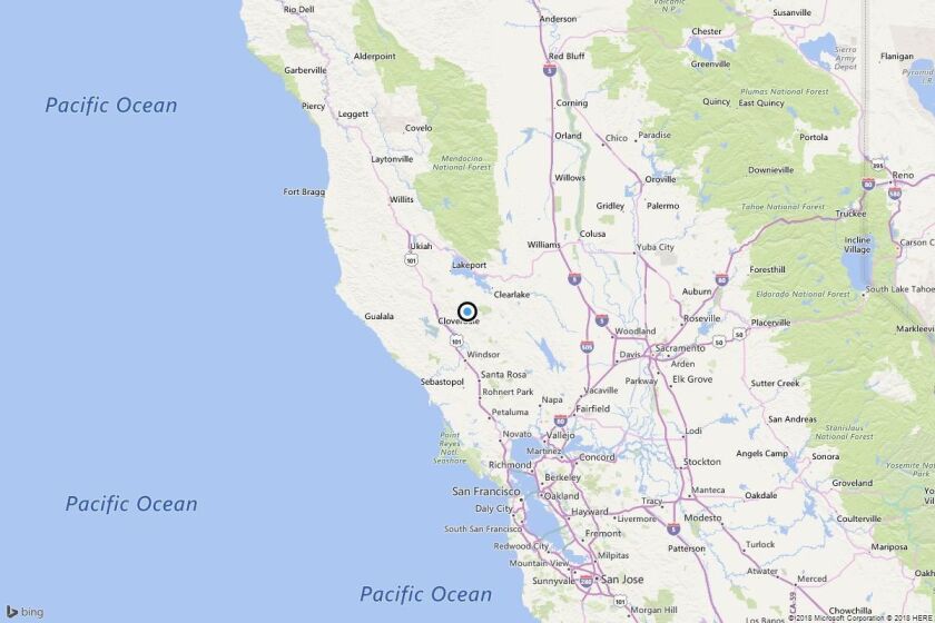 A map showing the location of the epicenter of Friday afternoon's quake near Caldwell Pines, Calif..